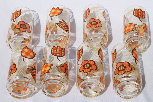 Retro hippie patchwork print drinking glasses, set of 8 vintage Libbey glass tumblers