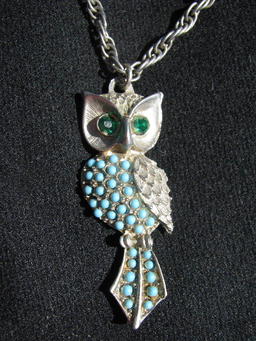 Retro hippie vintage costume jewelry lot, 70s owl pendants w/ long chains