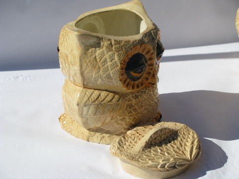 Retro hippie vintage handmade ceramic kitchen canisters, fat big-eyed owls