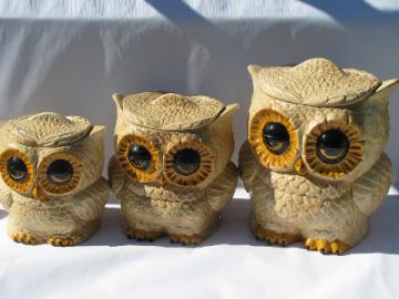 Retro hippie vintage handmade ceramic kitchen canisters, fat big-eyed owls