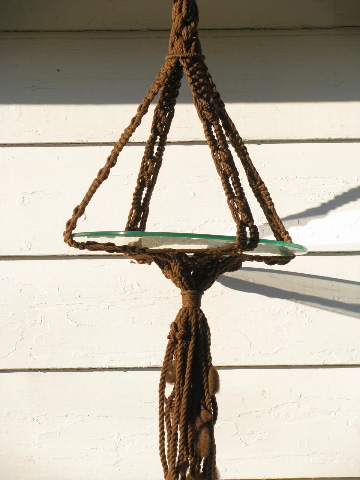 Retro hippie vintage, jute macrame rope hanging table w/ glass tabletop