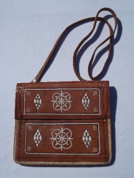 Retro hippie vintage tooled leather shoulder bag purse, made in India
