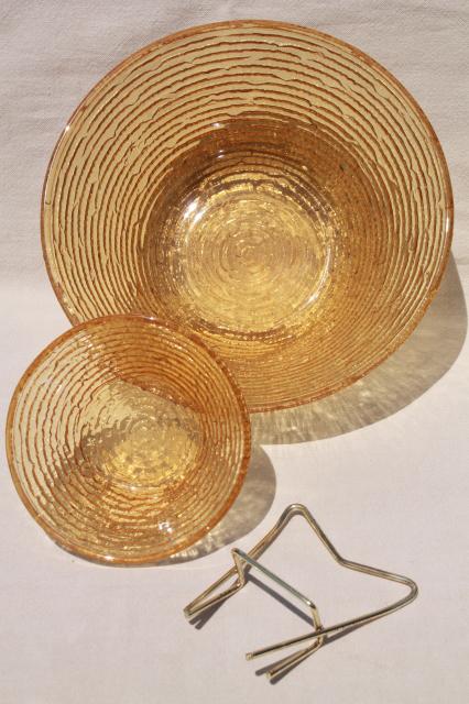 retro honey gold amber glass glass chip & dip bowls set, vintage Soreno Anchor Hocking
