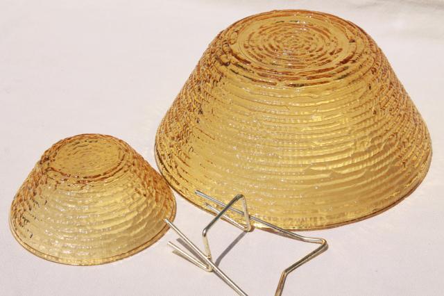 retro honey gold amber glass glass chip & dip bowls set, vintage Soreno Anchor Hocking