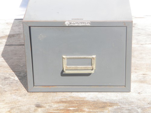 Retro industrial gray  card catalog or file box, machine age vintage