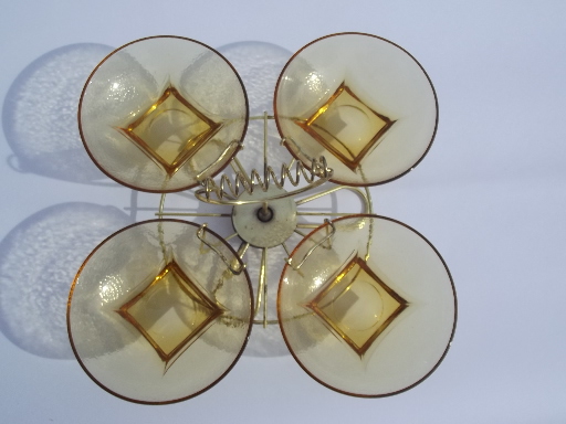Retro lazy susan relish dish, mod amber glass bowls set in wire carrier rack