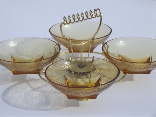 Retro lazy susan relish dish, mod amber glass bowls set in wire carrier rack