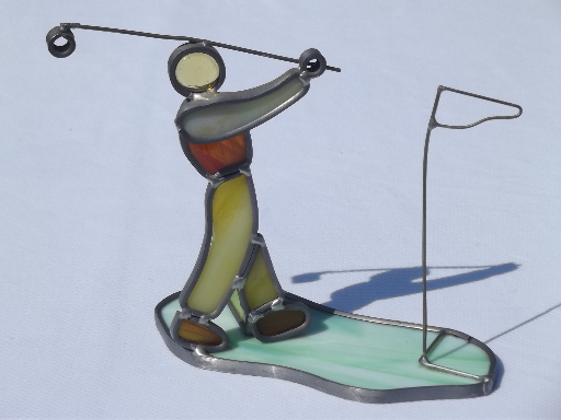 Retro leaded stained glass suncatcher sculpture, golfer figure golfing