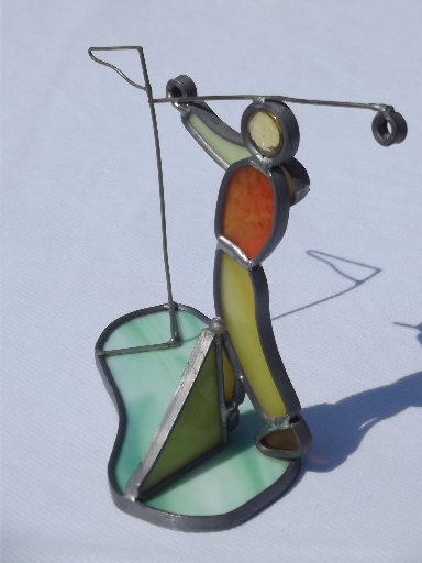 Retro leaded stained glass suncatcher sculpture, golfer figure golfing