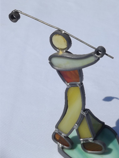 Retro leaded stained glass suncatcher sculpture, golfer figure golfing