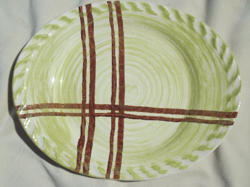 Retro lime green plaid hand-painted pottery platter, mid-century vintage