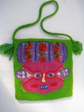 Retro loopy yarn embroidered shoulder bag, Mexico souvenir, Aztec design