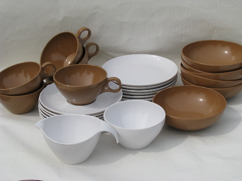 Retro melamine dishes, cocoa tan / white, mod vintage Prolon