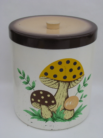 Retro melmac kitchen canisters, 70s vintage mushrooms print pattern
