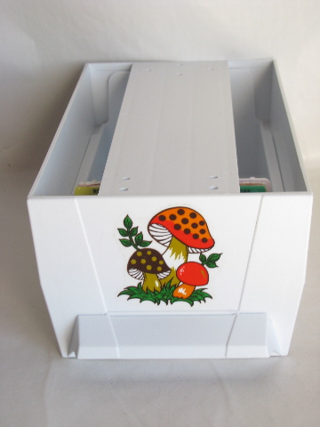 Retro merry mushrooms print recipe card file boxes, vintage mint in box
