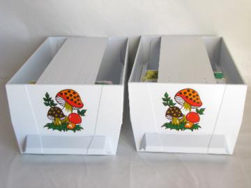 Retro merry mushrooms print recipe card file boxes, vintage mint in box