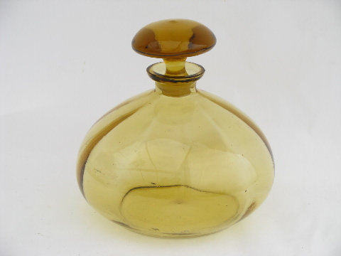 Retro mid-century modern blown glass decanter bottle, amber roly-poly