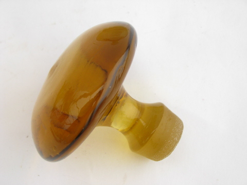 Retro mid-century modern blown glass decanter bottle, amber roly-poly