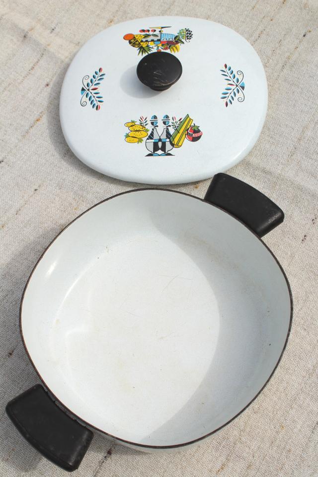 retro mid-century vintage enamel pans w/ mod fruit bowl design, Berggren or Briard 