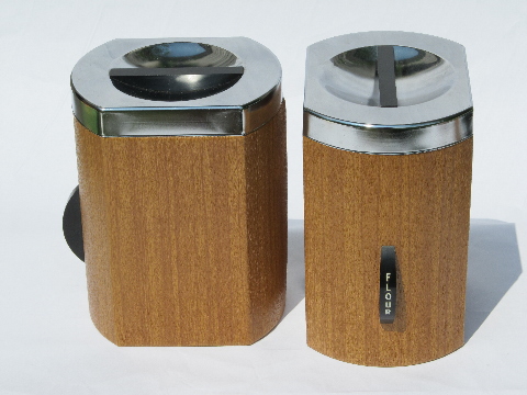 Retro mod 60s wood grain vintage Kromex metal kitchen canisters set