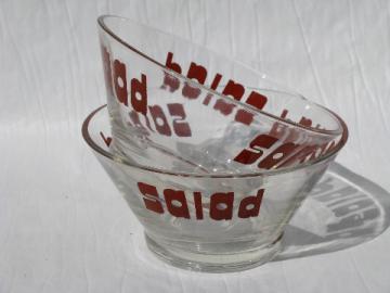 Retro mod 60's-70's vintage glass bowls, printed salad