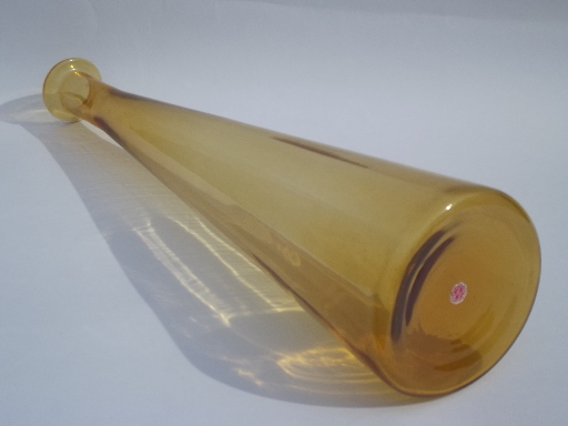 Retro mod amber  art glass bottle vase, tall  decanter w/ Italy label
