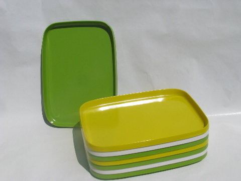 Retro mod Oblique melmac dishes & trays, yellow / lime green / white