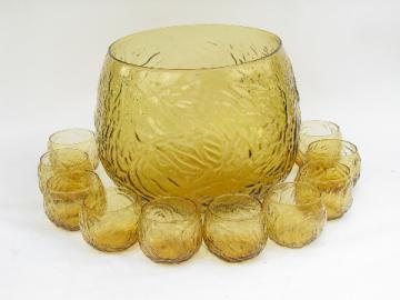 Retro mod roly-poly glasses set, punch bowl & cups, Seneca driftwood amber glass