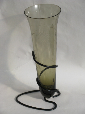 Retro mod smoke glass vial vase w/ wire stand, mid-century vintage
