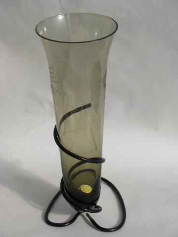 Retro mod smoke glass vial vase w/ wire stand, mid-century vintage