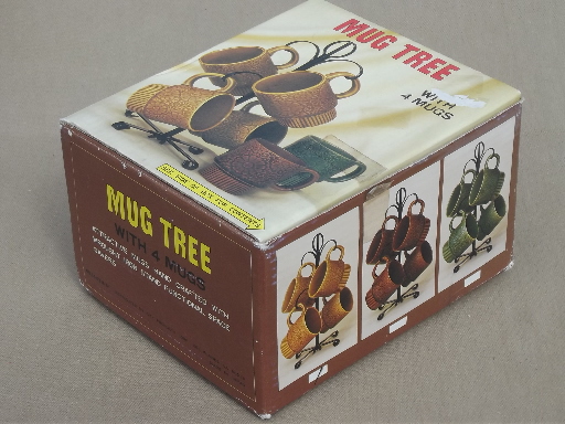 Retro mug tree set, 70s vintage Japan ceramic coffee mugs & rack in box