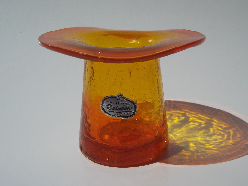 Retro orange crackle glass hat, 60s hand-blown art glass Rainbow label