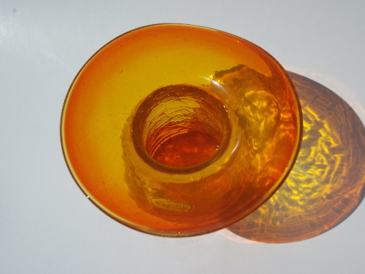 Retro orange crackle glass hat, 60s hand-blown art glass Rainbow label