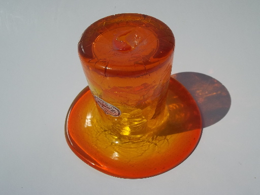 Retro orange crackle glass hat, 60s hand-blown art glass Rainbow label