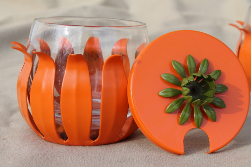 Retro orange enamel lotus flower jam pots, mod 60s vintage Scandinavian modern kitchenware