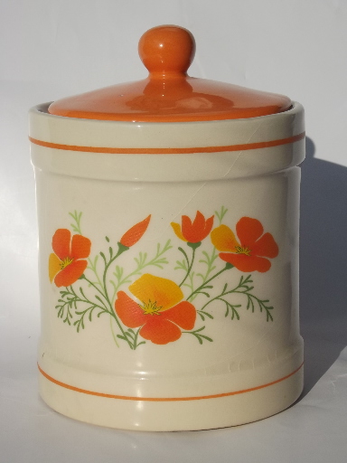 Retro orange poppies kitchen canisters set and breadboard, 70s vintage