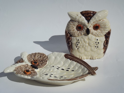 Retro owl family kitchen accessories collection, vintage Enesco Japan