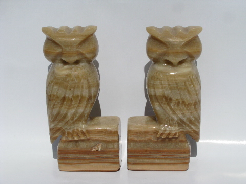 Retro owls, pair of vintage carved onyx stone book ends