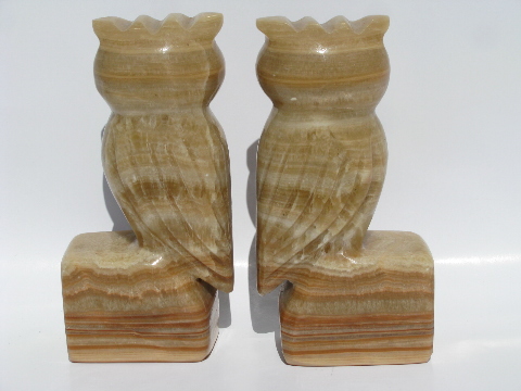 Retro owls, pair of vintage carved onyx stone book ends