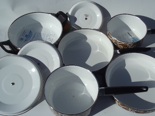 Retro paisley print enamel Fancipans cookware, vintage pots & pans set, never used
