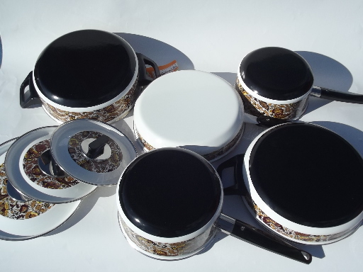 Retro paisley print enamel Fancipans cookware, vintage pots & pans set, never used