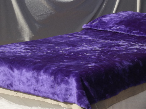Retro purple shag fake fur bedspread,  70s vintage furry fabric throw or rug