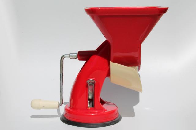 retro red plastic hand crank tomato sauce squeezo strainer juicer food mill made in Italy