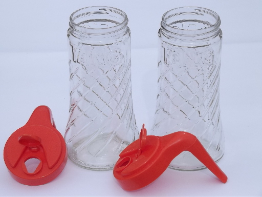 Retro refrigerator pitchers for Tang, glass bottles w/ orange plastic
