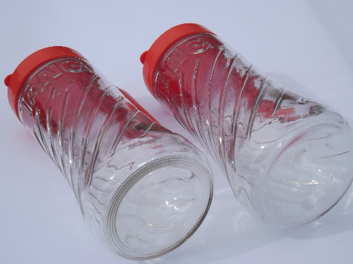 Retro refrigerator pitchers for Tang, glass bottles w/ orange plastic