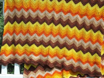 Retro ripple crochet afghan, autumn leaves colors orange gold brown