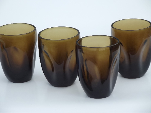 Retro Russel Wright pinch glass tumblers, smoke brown vintage Imperial