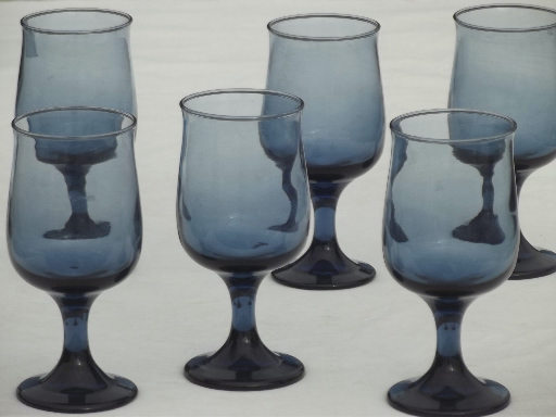 Retro smoke blue Libbey tulip shape wine glasses, set of 6 goblets