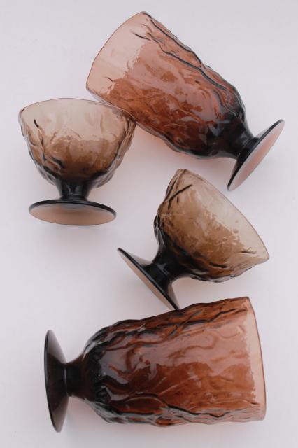 retro smoke brown Seneca driftwood crinkle glass, mod vintage glassware