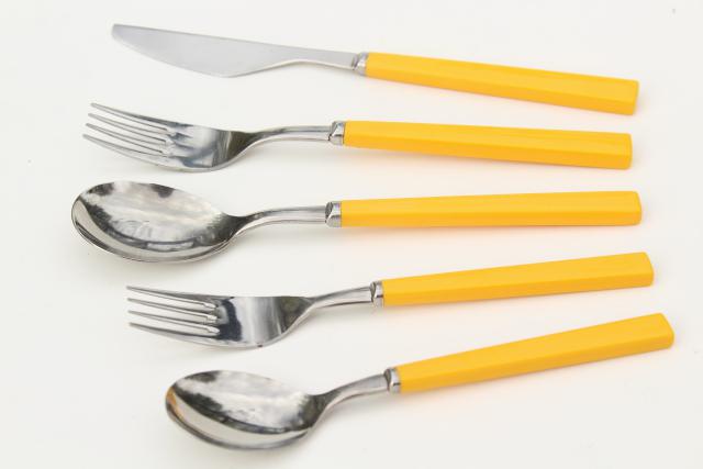 retro stainless flatware with yellow plastic handles, 70s 80s vintage Anacapa Japan